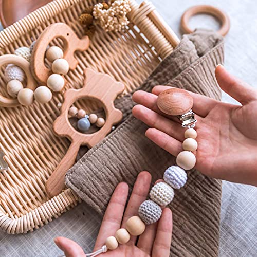Wooden Baby Rattles Toys Natural Wooden Teething Ring Set Rattles Hand