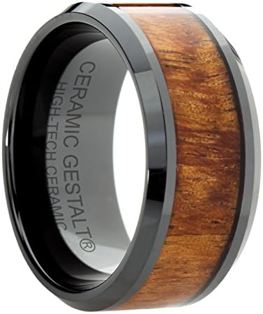 Black Ceramic Ring With KOA Wood Inlay by CERAMIC GESTALT - 10mm. Comfort Fit. RBL10KOAS105