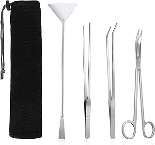 SlowTon Aquarium Werkzeugset, 4 in 1 Lange Edelstahl-Pinzette Schere Spatel Multifunktionales Aquarium-Werkzeug-Set für Fische und Wasserpflanzen Trimmen Aquascaping-Reinigungs- und Fisch-Starter-Kit