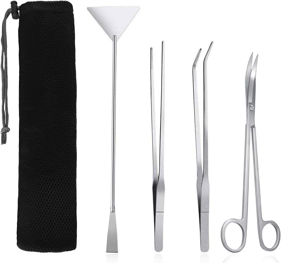 SlowTon Aquarium Werkzeugset, 4 in 1 Lange Edelstahl-Pinzette Schere Spatel Multifunktionales Aquarium-Werkzeug-Set für Fische und Wasserpflanzen Trimmen Aquascaping-Reinigungs- und Fisch-Starter-Kit