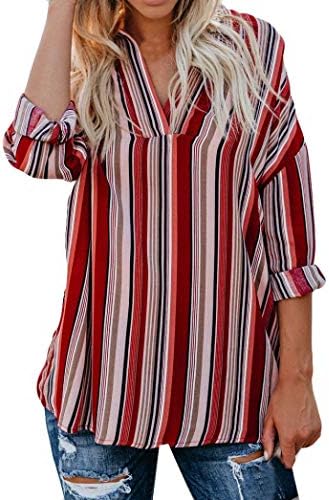 WOCACHI Women Striped Work Office Ladies Loose Long Sleeve Tops Casual Blouses