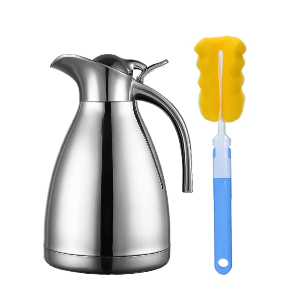 Vacuum Jug 304 Stainless Steel Double-Wall Thermal Carafe Coffee Pot Anti-Leakage Anti-Splashing Juice Milk Tea Pot Insulation (Silver, 1L)