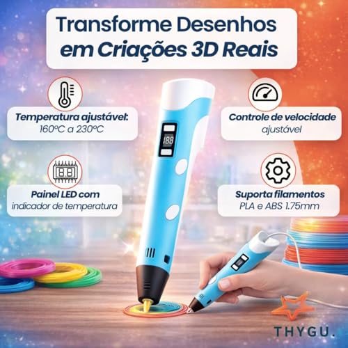 Caneta 3D com LCD, Inclui Filamentos Coloridos, Brinquedo Educativo | para Desenho e Criação Artística Para Adultos e Crianças, Cabo USB incluso - Produto Premium