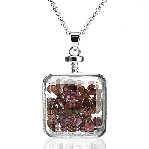 BEADNOVA Square Glass Wishing Bottle Pendant Crystal Healing Natural Garnet Gemstone Chip Beads Sweater Chain Pendant Necklace