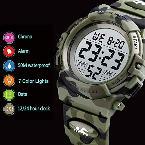 Venhoo Kids Watch Digital Outdoor Sport Waterproof 7 Colors EL-Lights Electrical Watches with Alarm Luminous Stopwatch Casual Child Wrist Watch for Teenager Boys Girls-Army Camouflage - Thumbnail 2