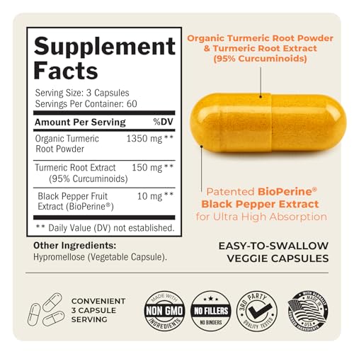 Turmeric Curcumin with Black Pepper Extract 1500mg - High Absorption Ultra Potent Turmeric Supplement with 95% Curcuminoids and BioPerine - Non GMO Tumeric Capsules for Joint Support - 180 Capsules
