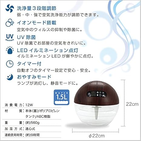 Amazon Co Jp Dr Airball Wood アロマディフューザー Uv搭載 空気洗浄機 アロマ対応空気清浄機 オシャレ 加湿器 タバコ ペット ボール型 丸い Ledライト ホーム キッチン