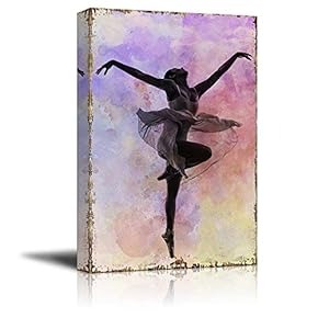 Ballerina Dancing on a Pink and Purple Watercolor Background Over Wooden Panels - Nature - Canvas Art Home Art - 12x18 inches