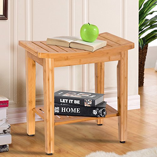Giantex 18'' Bamboo Shower Bench Seat w/ Storage Shelf Bathroom Seat Spa Bath Organizer Stool Perfect for Indoor Outdoor - Thumbnail 7
