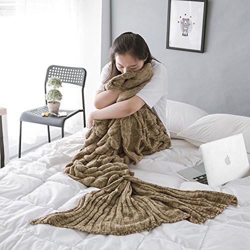 Handmade Scales Fringed Mermaid Blankets for Adults Kids in Living Room and Sofa (Dark brown)