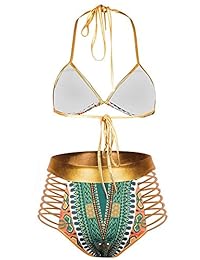 Bañador Zando para dama con estampado tribal bikini africano metálico de dos piezas, cuello halter, traje de baño