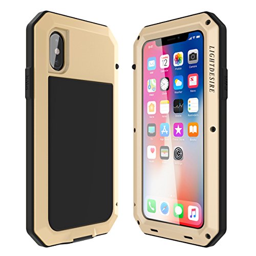 iPhone Xs X Case LIGHTDESIRE Aluminum Alloy Protective Metal Extreme Water Resistant Shockproof Military Bumper Heavy Duty Cover Shell [Gold] for iPhone Xs/X
