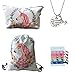 Unicorn Gifts for Girls 4 Pack - Unicorn Drawstring Backpack/Makeup Bag/Inspirational Necklace/Hair Ties (White)