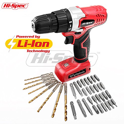 Hi-Spec 8V 1300mAh Li-ion Cordless Battery Power Drill Driver with 38 Piece Drill & Screw Bit Tool Set Kit for DIY Repairs, Assembly, Drilling & Screwdriving In the Home, Office & Garage