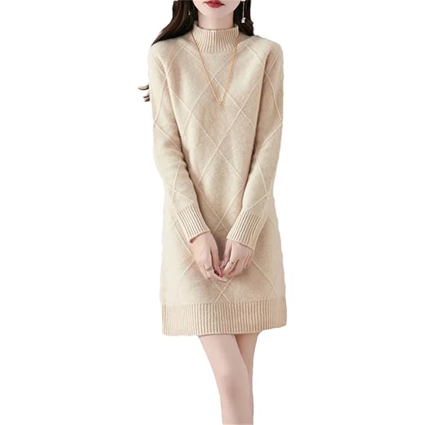 DBFBDTU Women's Wool Knitted Dress, High Collar, Thickened, Warm,Mini  Sweater Dress Beige M(6) at Amazon Women's Clothing store