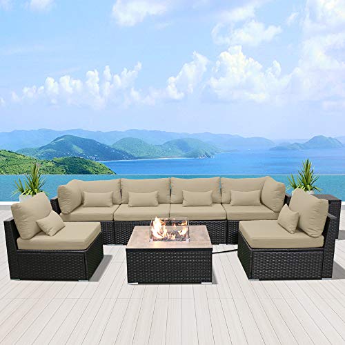 DINELI Patio Furniture Sectional Sofa with Gas Fire Pit Table Outdoor Patio Furniture Sets