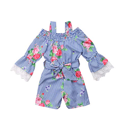 Toddler Little Baby Girls Clothes Outfit Off Shoulder Long Sleeve Floral Stripe Short Jumpsuit Romper with Belt Summer (130(5-6T))