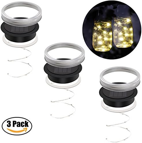 Mason Jar Lights Regular Mouth Waterproof, iThird Mason Jar Lids 3 Pack 10 LED Solar String Lights Warm White for Christmas Halloween Party Wedding Deck Garden Decorative Lighting(Jars Not Included)