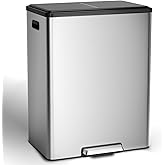 Towallmark 16 Gallon Kitchen Double Trash Can, 60L Stainless Steel Dual Compartment Garbage Bin, Step-On Trash & Recycle Bin Combo with Removable Buckets for Home Office