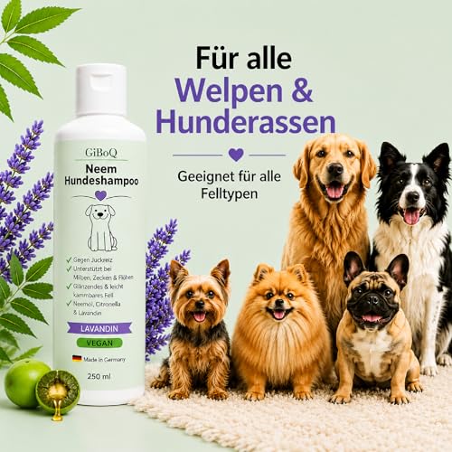 Premium Neem Dog Shampoo for Dogs 250 ml - With Neem Oil & Lavandin Oil - Supports Itching, Mites, Fleas & Ticks - Skin-friendly, Nourishing & Easy to Comb - For Natural Grooming