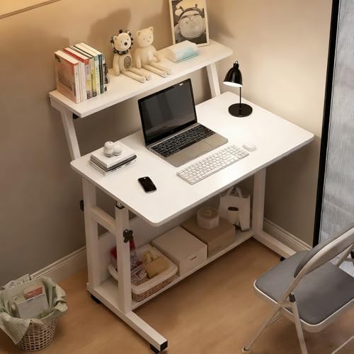 VUCATIN Small Study Desk for Bedroom, Rolling Computer Desk with Wheels Storage Shelf for Small Spaces, Adjustable Height Standing Table for Home Office (F-White)
