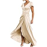 SUOLUOS V Neck Satin Bridesmaid Dresses 2026 Long Wrap Pleated Formal Evening Party Gowns with Slit