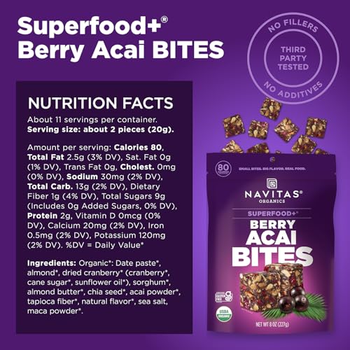 NAVITAS ORGANICS BERRY ACAI SUPERFOOD+ BITES – POWER SNACKS – ALL NATURAL PLANT BASED – CLEAN ENERGY & NUTRITION – USDA ORGANIC, NON GMO, GLUTEN FREE, SOY FREE, KOSHER, VEGAN (8OZ. BAG 11 SERVINGS)