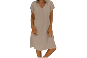 FEANCEY Linen Dresses for Women Summer Short Sleeve Beach Dress Loose Casual V-Neck Mini Sundress Fashion Ladies Tshirt Dress
