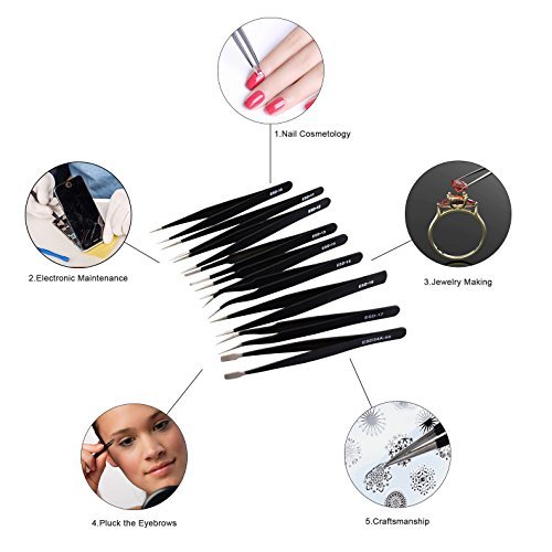 9 Piece ESD Tweezers Tools Kit, Beaulinks Precision Anti-Static Non-Magnetic Tweezers for Beauty,Nail Art,Jewelry-Making Watches,Medical,Electronics, Laboratory Work