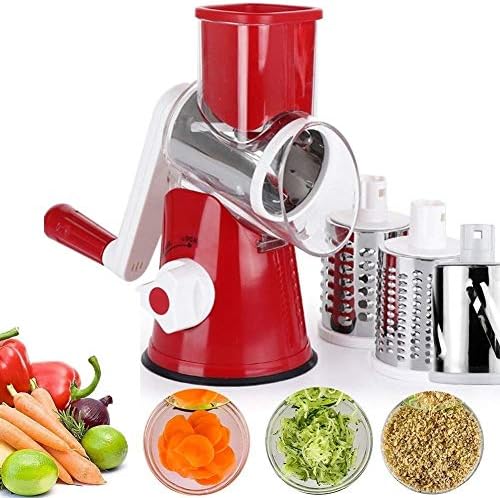 Manual Speedy Rotared Vegetable Cuber Fruit Cheese Nut Slicer Cutter Shredder Grinder Spiralizer,Hand Crank Dicer Chopper Veggie Pasta Salad Maker with 3 Changeable Stainless Steel Rotary Blades (Red)
