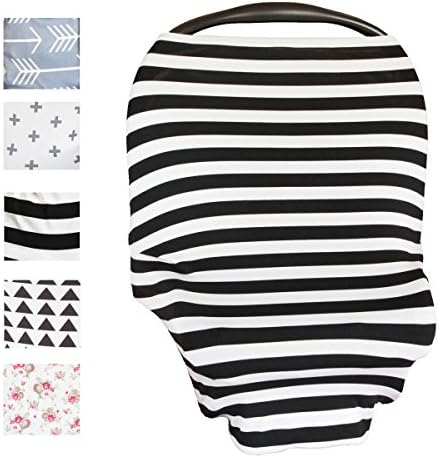 Stretchy Nursing Cover – Multi Use Baby Car Seat Canopy, Shopping Cart Cover, Stroller Canopy, Breastfeeding Scarf, Infinity Stretchy Shawl (Black & White Stripe)