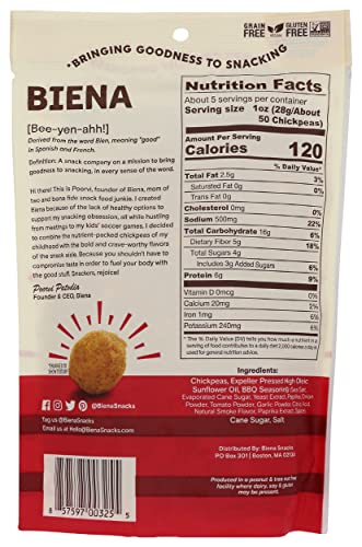 BIENA CHICKPEA SNACKS – CRUNCHY ROASTED CHICKPEAS – HIGH FIBER VEGAN PROTEIN SNACKS FOR ADULTS AND KIDS – 5 OUNCE INDIVIDUAL PACK – BARBECUE