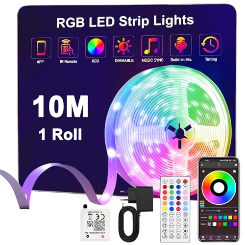 Tira LED 10m,24V RGB Tiras LED con IR Control Remoto y Bluethooth App,Sincronización de Música,Modo Temporización,Luces LED Habitación,para Dormitorio,Sala,Cocina,Bar,Fiesta