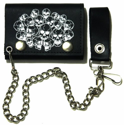 Skull Heads Desgin Biker Chain Leather Wallet Tri Fold