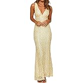 Elegant Lace Floral V Neck Backless Bodycon Dresses for Women Sexy Cut Out Low Back Sleeveless Maxi Dress Wedding Guest