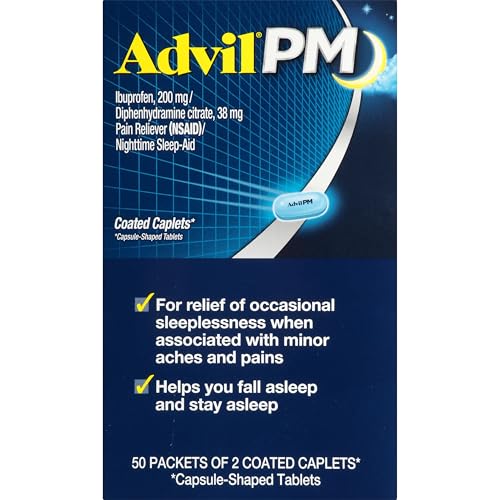 ADVIL PM PAIN RELIEVER AND NIGHTTIME SLEEP AID, PAIN MEDICINE WITH IBUPROFEN FOR PAIN RELIEF AND DIPHENHYDRAMINE CITRATE FOR A SLEEP AID – 50X2 COATED CAPLETS