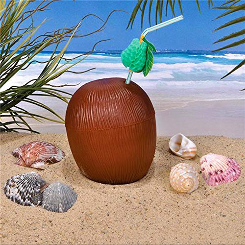 4E's Novelty Bulk Coconut Drink Cups with Straws, Hawaiian Beach and Luau Theme Party Supplies & Decorations - Pack of 12 - Great Summer Carnival Fun for Kids Plastic