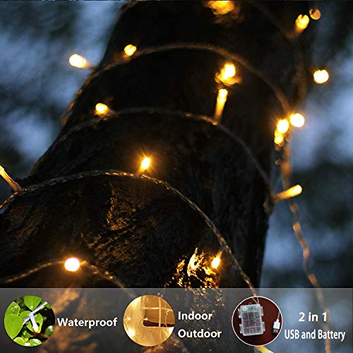 Guirnalda Luces Pilas, 12M 120LED USB Luces de Navidad Exterior Impermeable, 8 Modos Cadena de Luz con Control Remoto y Temporizador, para Exterior y Interior, Navidad, Jardín, Blanco Cálido