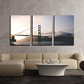 3 Piece Canvas Wall Art - Suspension Bridge at Dusk - Modern Home Art Stretched and Framed Ready to Hang - 16"x24"x3 Panels