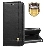 For Samsung Galaxy J7 2017 / J7 V / J7 Prime / J7 Perx / J7 Sky Pro / Galaxy Halo Case, Ferlinso Elegant Retro Leather with [SCREEN PROTECTOR] Cover Stand Magnetic Closure Case Cover-Black