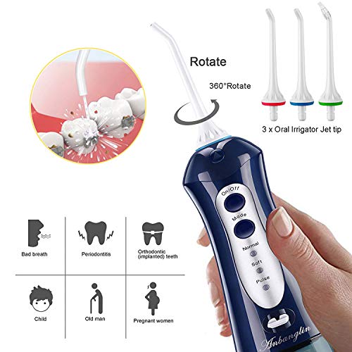 Water Dental Flosser,Anbanglin Cordless 10oz/300mL Professional Oral Irrigator, Portable and Rechargeable Waterproof with 3 Modes 4 Jet Tips Water Flossing for Home and Travel Use