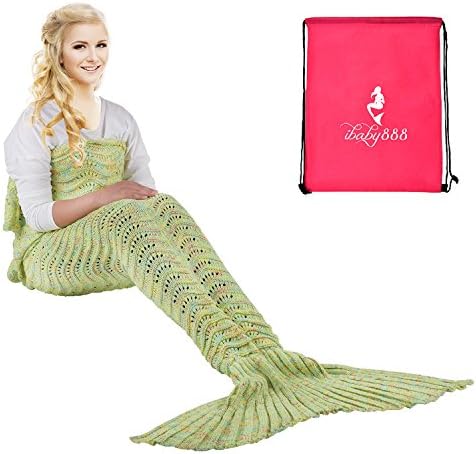 Handmade Mermaid Tail Blanket, iBaby888 All Seasons Warm Knitted Bed Blanket Sofa Quilt Living Room Sleeping Bag for Adults, Wave Pattern, 70.9" x 35.5", (180 x 90cm, Fluorescent Green)