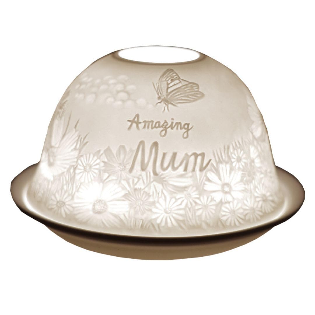 Cello Porcelain Tealight Holder Dome - Amazing Mum Design with 3D Projection & Message for Scented Unscented Tealights & LED Candle Holder Wax Warmer Present from Daughter or Son