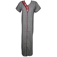 Mogul Interior Womens Maxi Dress Nightdress Black Printed Cotton Summer Kaftan Nightgown L