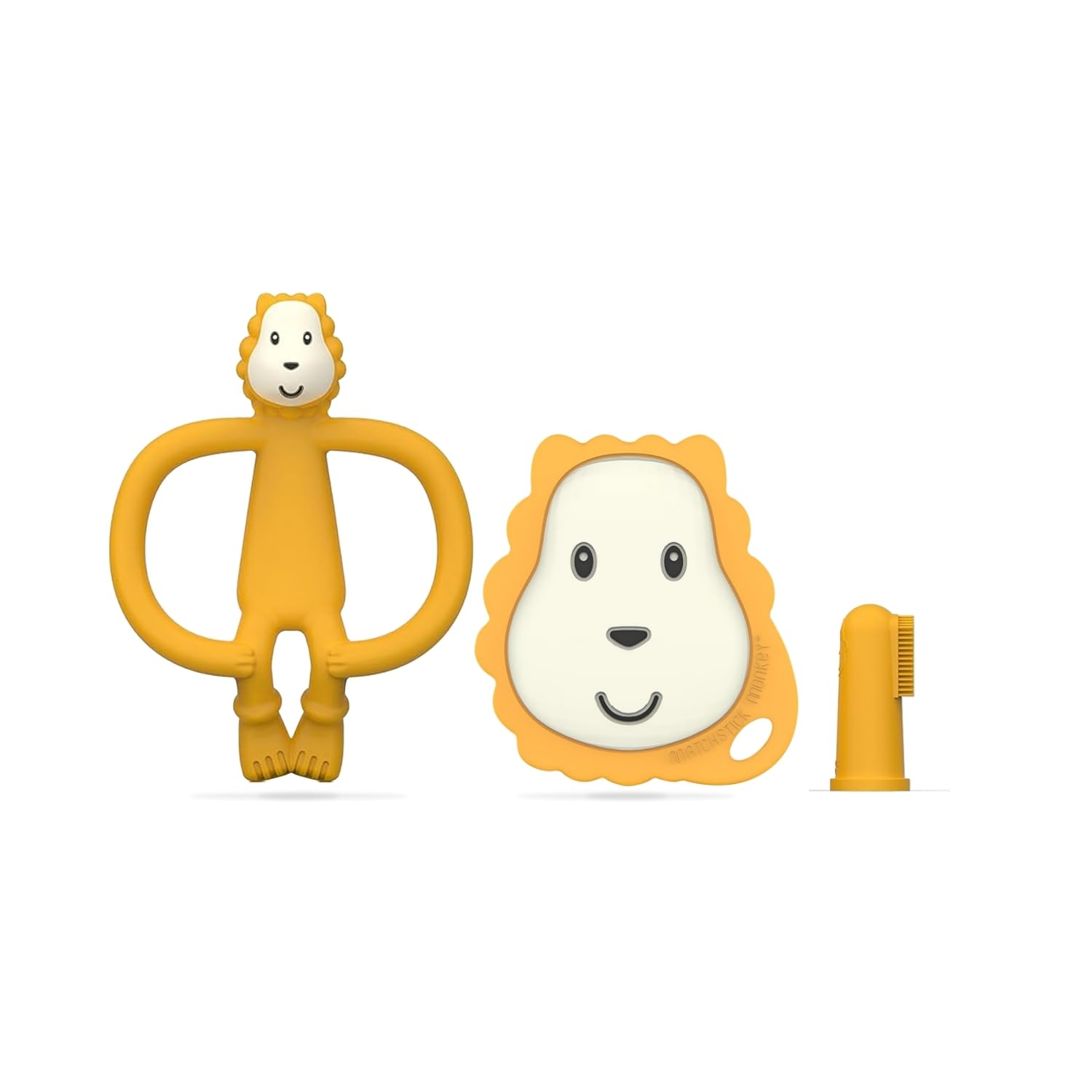 Matchstick Monkey, Antimicrobial Teething Starter Set - 1 Flat Face Teether, 1 Animal Teether, 2 Silicone Finger Toothbrushes, 3 Months Old+, Ludo Lion — image 1