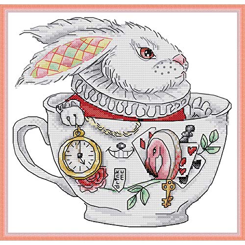 Printed Cross Stitch Kits 11CT 13X13 inch 100% Cotton Holiday Gift DIY Embroidery Starter Kits Easy Patterns Embroidery for Girls Crafts DMC Stamped Cross-Stitch Supplies Needlework The Rabbit Cup - Thumbnail 7