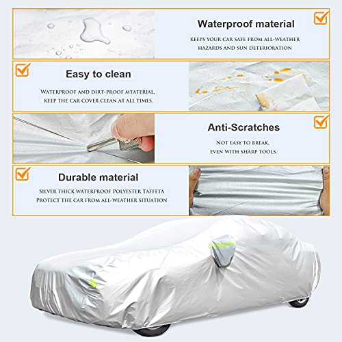 Car Cover, GORDITA Car Covers Waterproof All Weather Snowproof Windproof Scratch Resistant Outdoor UV Protection with 6 Reflective Strips, Universal Fit for Sedan (Up to 185\