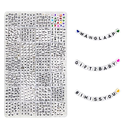 WangLaap 1120Pcs Square Acrylic 6x6mm Alphabet A-Z Letters Beads with Numbers Colorful Hearts Cube Beads for Phone Lanyard Bracelets Necklaces(White-1120-Organized)
