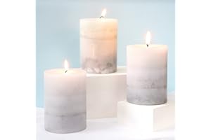 FLAVCHARM Set of 3 Scented Pillar Candles Creamy Coconut Scented 3" x 4" Long-Lasting Burn Candle White Gray Palette Pillar Candle Clean Burning No Drip Candles Gift for Home Party Dinner Table Decor
