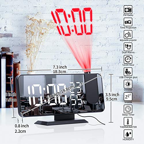 Reloj Despertador, Despertador Proyector con Proyección Giratorio de 180°, Radio Despertador Digital con FM Radio, Higrómetro de Temperatura Interior, Alarma Doble, Repetición, Puerto de Carga USB